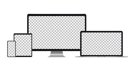 Aufkleber - Electronic gadgets. Set of realistic computer monitors, laptops, tablets and mobile phones with tansparent screen on white background. Design smart digital device set. Vector illustration. Eps10