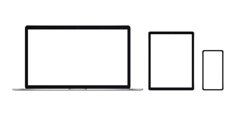 Electronic gadgets. Set of realistic computer monitors, laptops, tablets and mobile phones on white background. Design smart digital device set. Vector illustration. Eps10