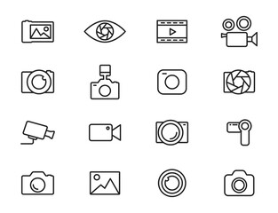 Poster - Simple set of icons of camcorders and photo cameras thin line style. Photography icons set. Security camera icon. Photo and video icons. Multimedia icon set. Vector illustration