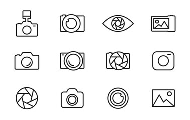 Poster - Simple set of icons of camcorders and photo cameras thin line style. Photography icons set. Security camera icon. Photo and video icons. Multimedia icon set. Vector illustration