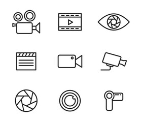 Poster - Simple set of icons of camcorders and photo cameras thin line style. Photography icons set. Security camera icon. Photo and video icons. Multimedia icon set. Vector illustration