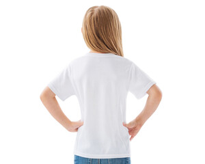 Kid girl in white blank t-shirt space for text, back view isolated on a white background