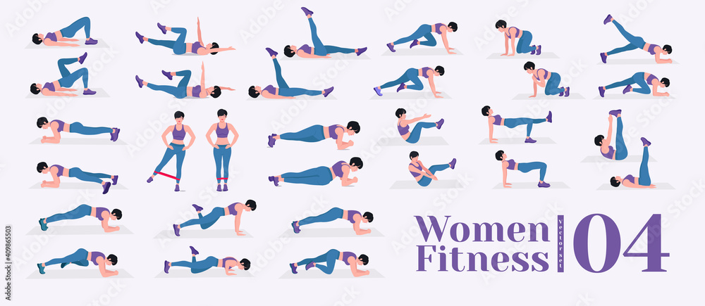 Women Workout Set. Women doing fitness and yoga exercises. Lunges, Pushups, Squats, Dumbbell rows, Burpees, Side planks, Situ ps, Glute bridge, Leg Raise, Russian Twist, Side Crunch .etc - obrazy, fototapety, plakaty 