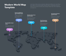 Poster - Modern 3d world map infographic template with colorful pointer marks - dark version. Easy to use for your design or presentation.