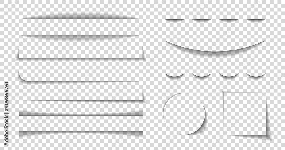 Divider shadow lines. Divider of paper with shadows. Box for web page. Banner with frame on transparent background. Design borders with effect for text. Set of graphic element for website. Vector - obrazy, fototapety, plakaty 