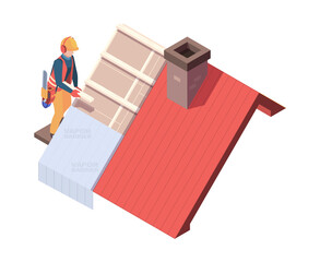 Wooden roofing. Builders renovation skyscrapers carpentry architect roof vector isometric. Worker roof renovation, builder construction, residential home roof illustration