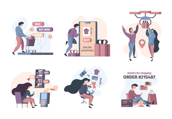 Sticker - Online store. Concept characters retail internet shop buyers mobile smartphone billing garish vector people. Illustration smartphone app, shopping promo commerce