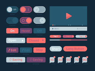 Poster - Ui kit. Web themes icon buttons bar menu search line dividers players garish vector template. Illustration interface button app, bar user kit