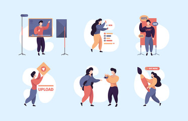 Aufkleber - Content makers. Video bloggers writers characters making social activities writing articles garish vector stylized flat person. Web digital media, making blog illustration