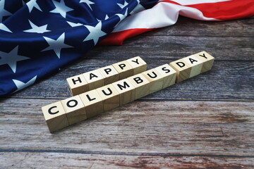 Wall Mural - Happy Columbus day Word alphabet letters with USA flag on wooden background