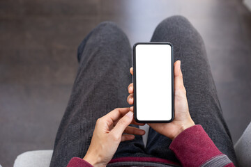 cell phone blank white screen mockup.woman hand holding texting using mobile.background empty space for advertise.work people contact marketing business,technology