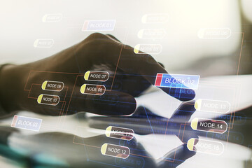 Poster - Multi exposure of abstract programming language hologram and hand working with a digital tablet on background, artificial intelligence and machine learning concept