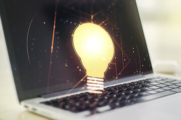 Aufkleber - Double exposure of creative light bulb hologram on laptop background, research and development concept