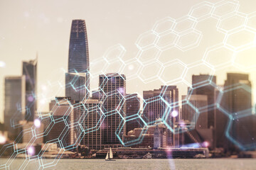 Poster - Abstract virtual technology sketch with hexagon grid on San Francisco office buildings background, future technology and AI concept. Double exposure