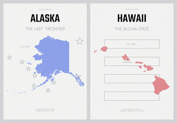 Vector posters detailed silhouettes maps of the states of America with abstract linear pattern, Division Pacific - Alaska, Hawaii - set 17 of 17