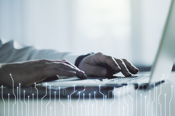 Poster - Creative concept of microscheme illustration and hands typing on laptop on background. Big data and database concept. Multiexposure