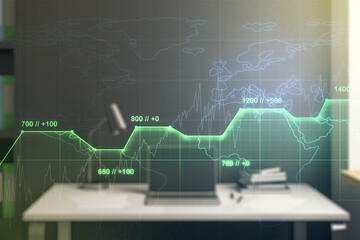 Poster - Abstract creative analytics data spreadsheet and modern desktop with pc on background, analytics and analysis concept. Multiexposure