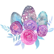 Watercolor Composition With Easter Eggs In Roses Isolated On White Background. Purple Speckled Eggs With Purple And Pink Flowers.

