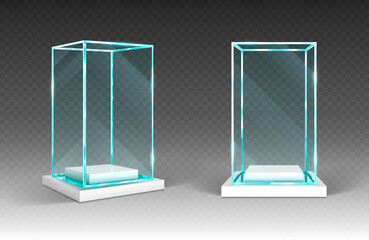Poster - Glass showcase, display, exhibit stand, transparent box front and angle view on wood or plastic base. Crystal block, exhibition or award podium, glossy isolated object Realistic 3d vector illustration