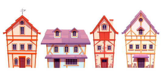 Wall Mural - Old half-timbered houses in german village. Traditional medieval european buildings. Vector cartoon set of fachwerk cottages with facade from stone and timber isolated on white background