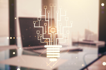 Aufkleber - Creative light bulb with chip hologram on modern laptop background, artificial Intelligence and neural networks concept. Multiexposure