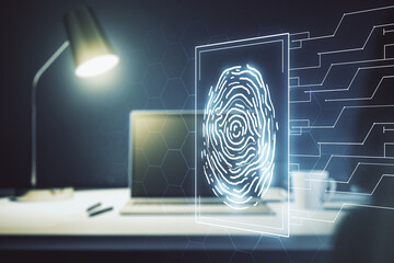 Poster - Multi exposure of creative fingerprint hologram on laptop background, personal biometric data concept