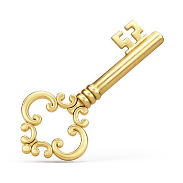 Vintage Gold Skeleton Key Isolated on White Background. 3d rendering