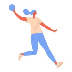 Young woman running with ball during dodgeball game isolated on white. Vector character happy and active