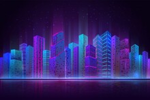 Night City Panorama. Colorful Landscape, Retro Neon Futuristic Cityscape. Beach Downtown Buildings, Abstract Urban Recent Vector Background. Office Building, Beautiful View Cityscape Illustration