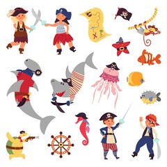 Sticker - Pirates life. Sea wildlife, ocean plants cartoon shark fish. Children costumes, underwater world marine adventures decent vector characters. Illustration pirate kids, sea wildlife animal