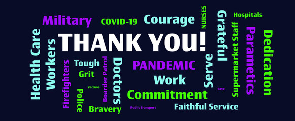 Thank you front line workers during COVID-19 pandemic word collage on blue panorama background.