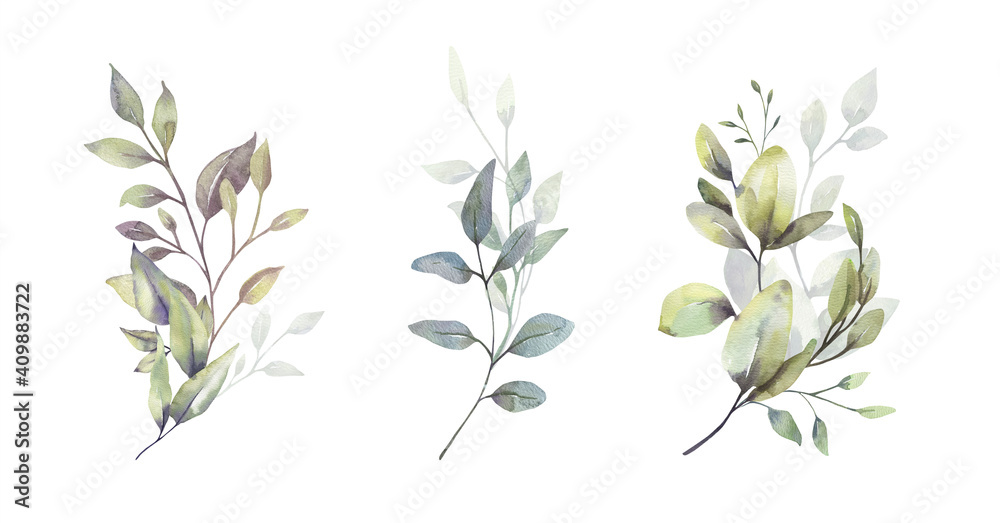 Watercolor floral illustration set - green leaf branches bouquets collection, for wedding stationary, greetings, wallpapers, fashion, background. Eucalyptus, olive, green leaves, etc. High quality - obrazy, fototapety, plakaty 