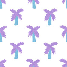 Isolated Bright Cartoon Seamless Pattern With Simple Purple Palm Tree Silhouettes. White Background.