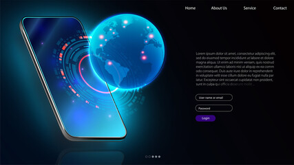 Mobile global internet communications. World wide web on phone via wireless satellite network technology. Smartphone digital connection at clouds services of all earth. Holographic abstract interface.