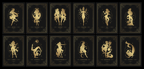 Wall Mural - zodiac womans horoscope signs linocut silhouettes design vector illustrations set