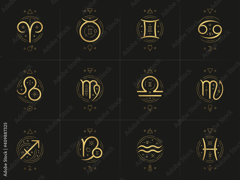 Zodiac astrology horoscope glyphs linocut silhouettes design vector illustrations set - obrazy, fototapety, plakaty 