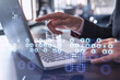 © VideoFlow - Hands of hr specialist is typing the keyboard in the internet to find the best candidates to create international network in recruitment process. Formal wear. Social media hologram icons.