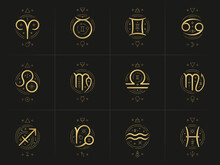 Zodiac Astrology Horoscope Glyphs Linocut Silhouettes Design Vector Illustrations Set