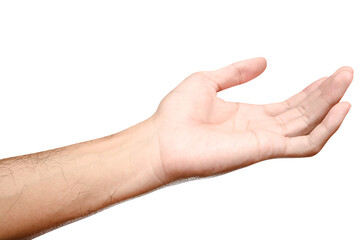 Male caucasian hand reach and ready to help or receive. Gesture isolated on white background.