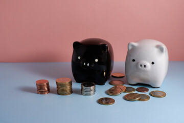 Piggy bank in the shape of a pig and coins with a light blue base and pink background