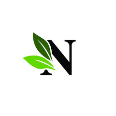 Letter N Logo with Green Leaves, Nature Logo/Icon Design Template.