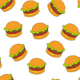 Fototapeta Łazienka - Burger, hamburger, cheeseburger vector seamless pattern. Fast food on white background. For the design of textiles, fabric, wallpaper, wrapping paper.