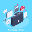 isometric vector illustration on blue background, business briefcase with calendar and clock, business success and goal achievement