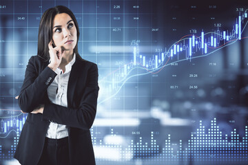 Aufkleber - Businesswoman in suit and stock analytics interface