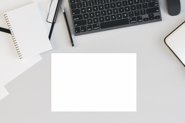 Aufkleber - Top view of office desktop with laptop, supplies and blank paper.