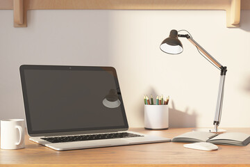 Aufkleber - Minimalistic home workplace with laptop on wooden table.