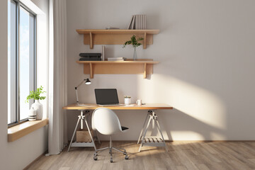 Poster - Designer desktop with laptop on wooden table