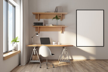 Aufkleber - Modern home workplace with blank poster on wall.