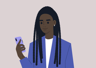 A young female Black character using a mobile phone, millennial daily life