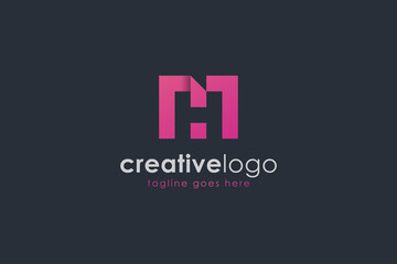Poster - abstract initial letter m and h logo. purple m letter square origami with negative space h letter is